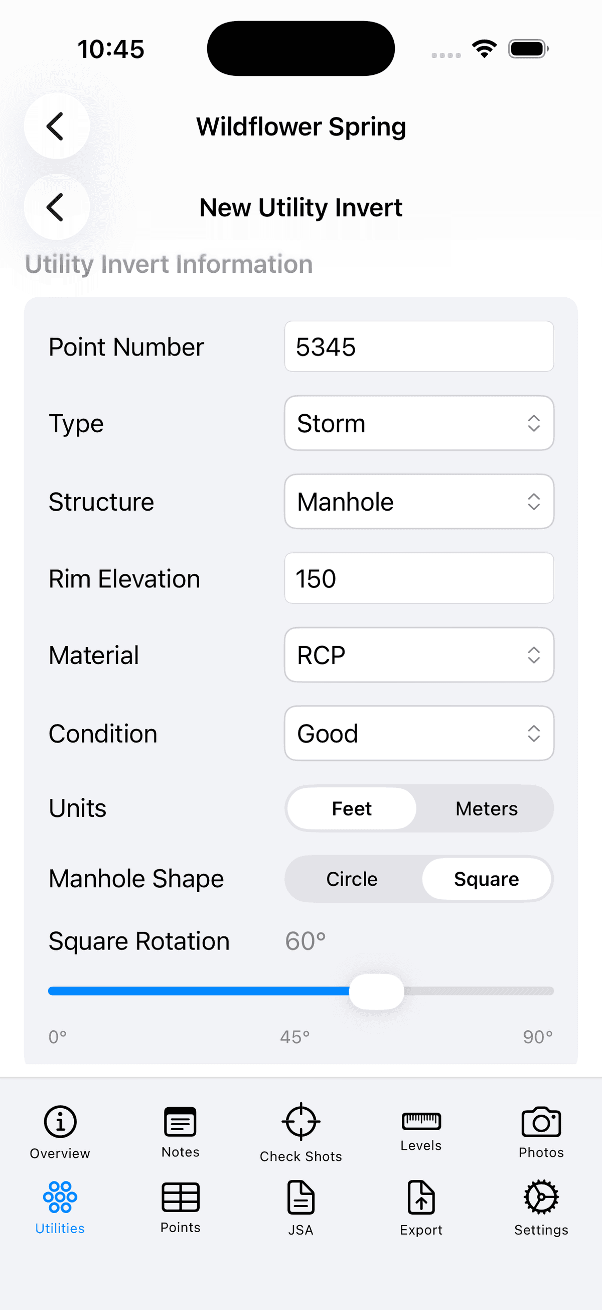 SlateTablet utility invert form showing point number, structure type, rim elevation, and manhole shape entry
